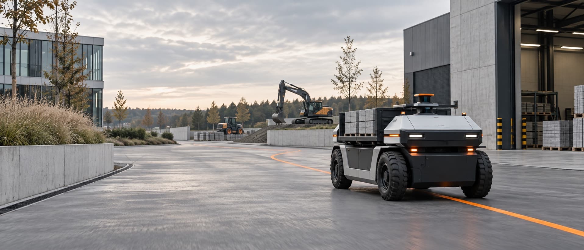 Macchina industriale autonoma che segue un percorso preciso in un’area operativa europea