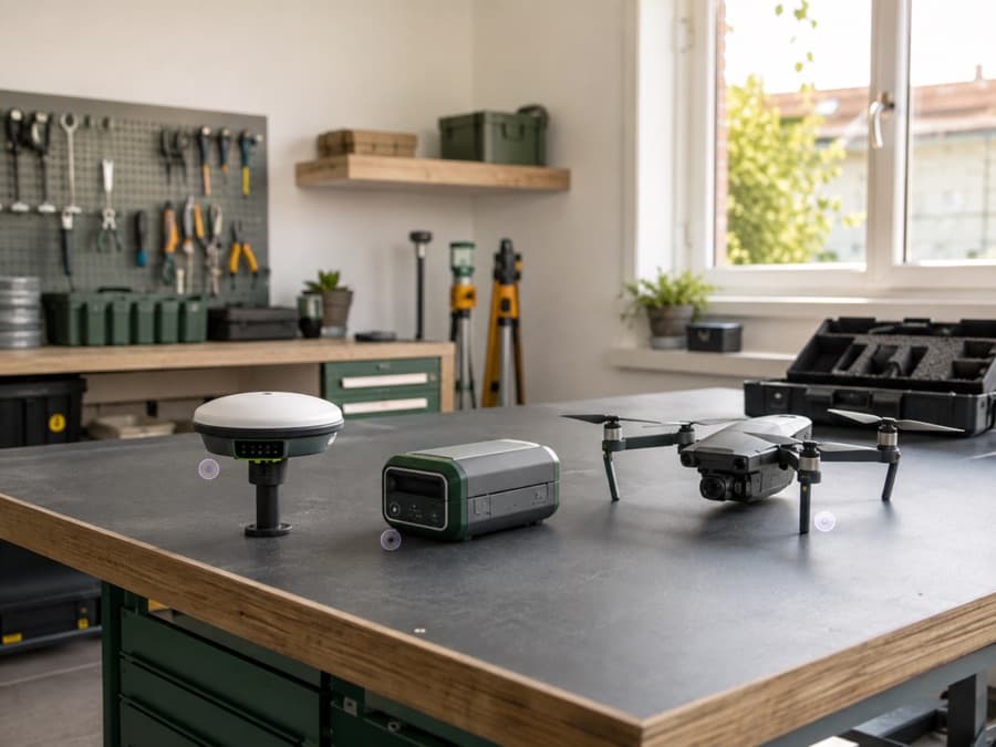 Dispositivi GNSS e drone pronti per la configurazione in un laboratorio tecnico