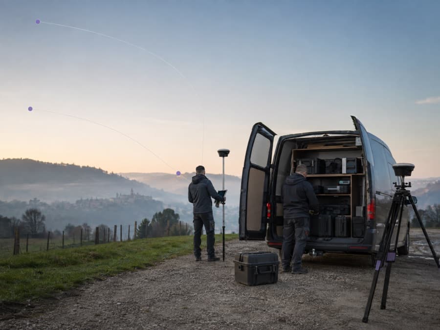 Squadra tecnica prepara l'equipaggiamento GNSS prima di un nuovo sito