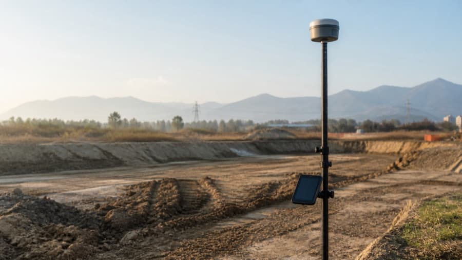 Antenna GNSS su palina da rilievo in un cantiere italiano